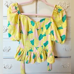 Floral Puff-Sleeve Peplum Blouse in Pink & Yellow